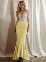 Mermaid V-Neck 3/4 Sleeve Sparkly Mixed Long Evening Dresses with Ruffle