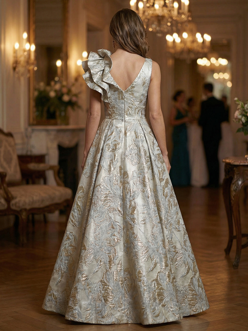 Floral Jacquard A-Line V-Neck Long Evening Dresses with Ruffle Applique