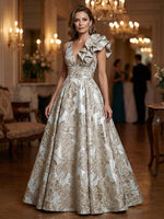 Floral Jacquard A-Line V-Neck Long Evening Dresses with Ruffle Applique
