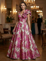 Floral Jacquard A-Line V-Neck Long Evening Dresses with Ruffle Applique