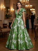 Floral Jacquard A-Line V-Neck Long Evening Dresses with Ruffle Applique