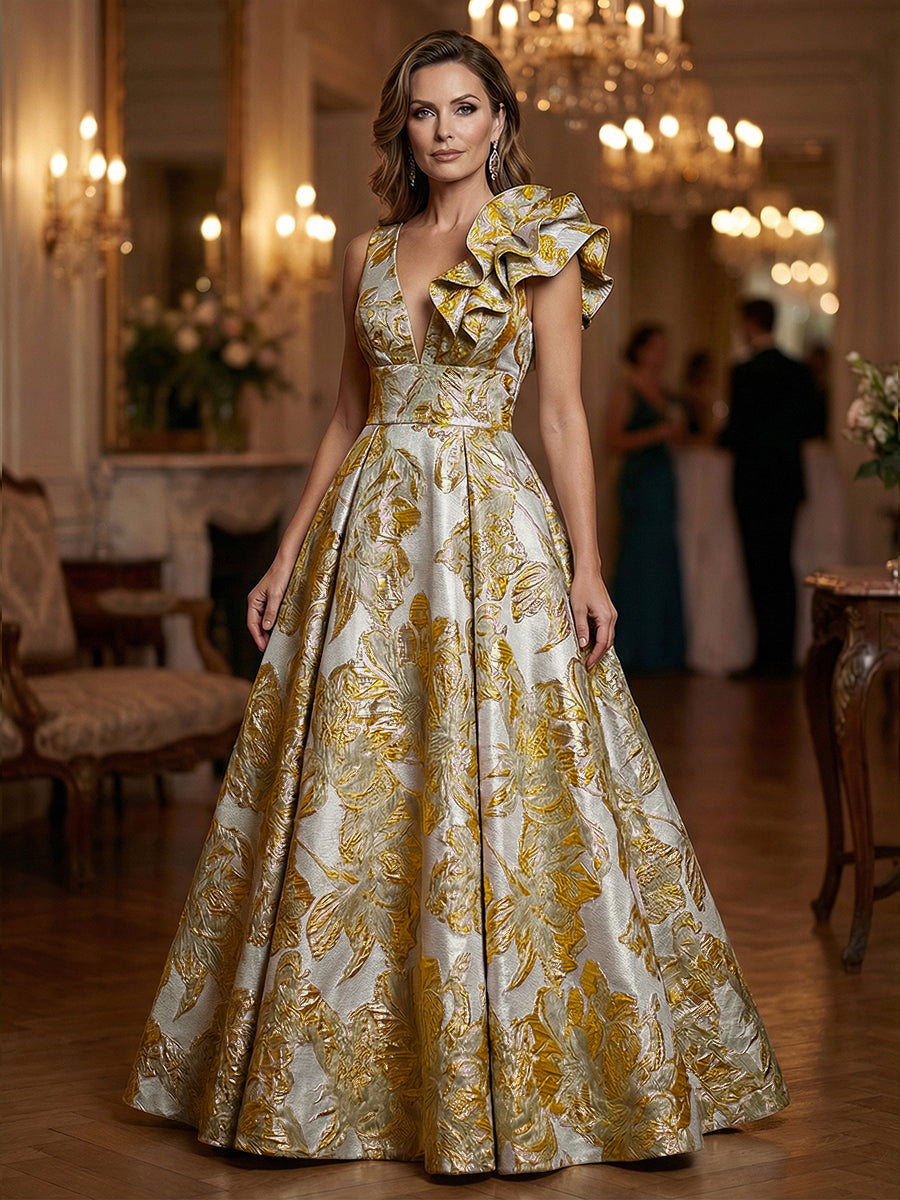 Floral Jacquard A-Line V-Neck Long Evening Dresses with Ruffle Applique