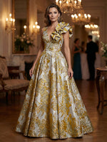 Floral Jacquard A-Line V-Neck Long Evening Dresses with Ruffle Applique