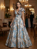 Floral Jacquard A-Line V-Neck Long Evening Dresses with Ruffle Applique