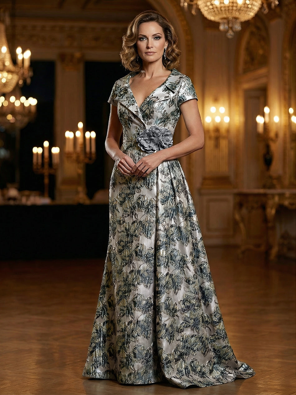 Floral Jacquard A-Line V-Neck Short Sleeve Maxi Mother of the Bride Dresses with 3D Flower