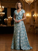 Floral Jacquard A-Line V-Neck Short Sleeve Maxi Mother of the Bride Dresses with 3D Flower