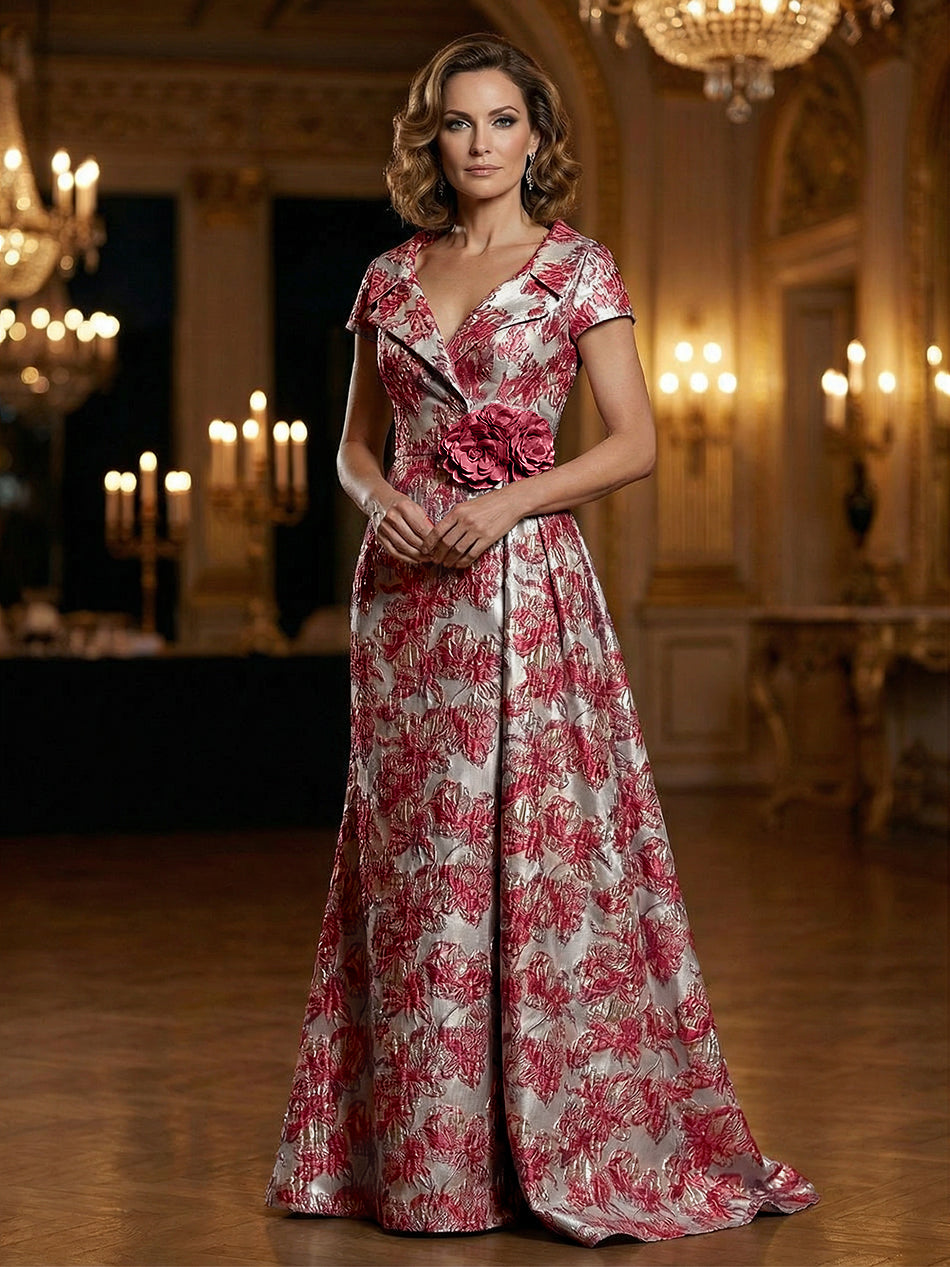 Floral Jacquard A-Line V-Neck Short Sleeve Maxi Mother of the Bride Dresses with 3D Flower