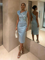 Satin Sheath One Shoulder Midi-Length Evening Dresses with Sequin Embroidery 3D Floral Detail
