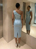 Satin Sheath One Shoulder Midi-Length Evening Dresses with Sequin Embroidery 3D Floral Detail