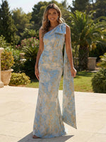 Floral Jacquard One Shoulder Bow Evening Dresses Floor-Length Formal Gowns with Rhinestone Draped Train