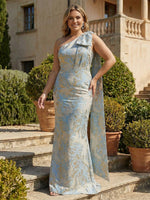 Floral Jacquard One Shoulder Bow Evening Dresses Floor-Length Formal Gowns with Rhinestone Draped Train