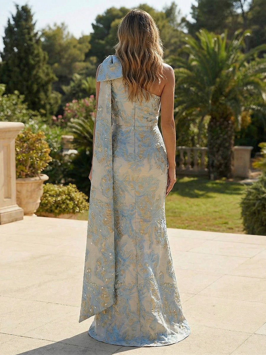 Floral Jacquard One Shoulder Bow Evening Dresses Floor-Length Formal Gowns with Rhinestone Draped Train