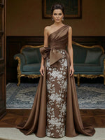 Jacquard Sheath One-Shoulder Ruched Long Evening Dresses with Bow