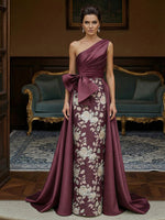 Jacquard Sheath One-Shoulder Ruched Long Evening Dresses with Bow