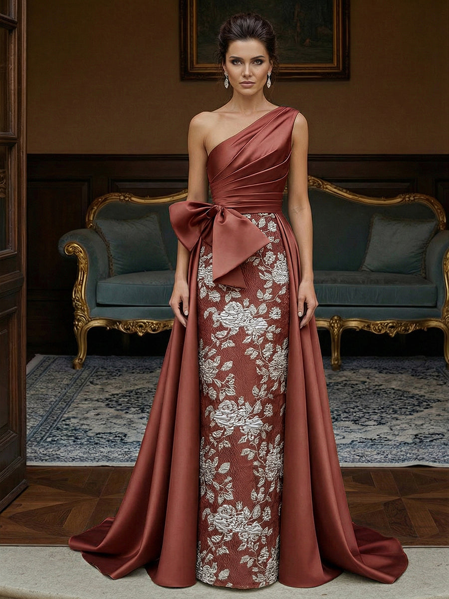 Jacquard Sheath One-Shoulder Ruched Long Evening Dresses with Bow