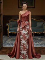 Jacquard Sheath One-Shoulder Ruched Long Evening Dresses with Bow