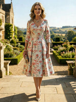 A-Line 3/4 Sleeve V-Neck Knee-Length Mother of the Bride Dresses with Jacquard