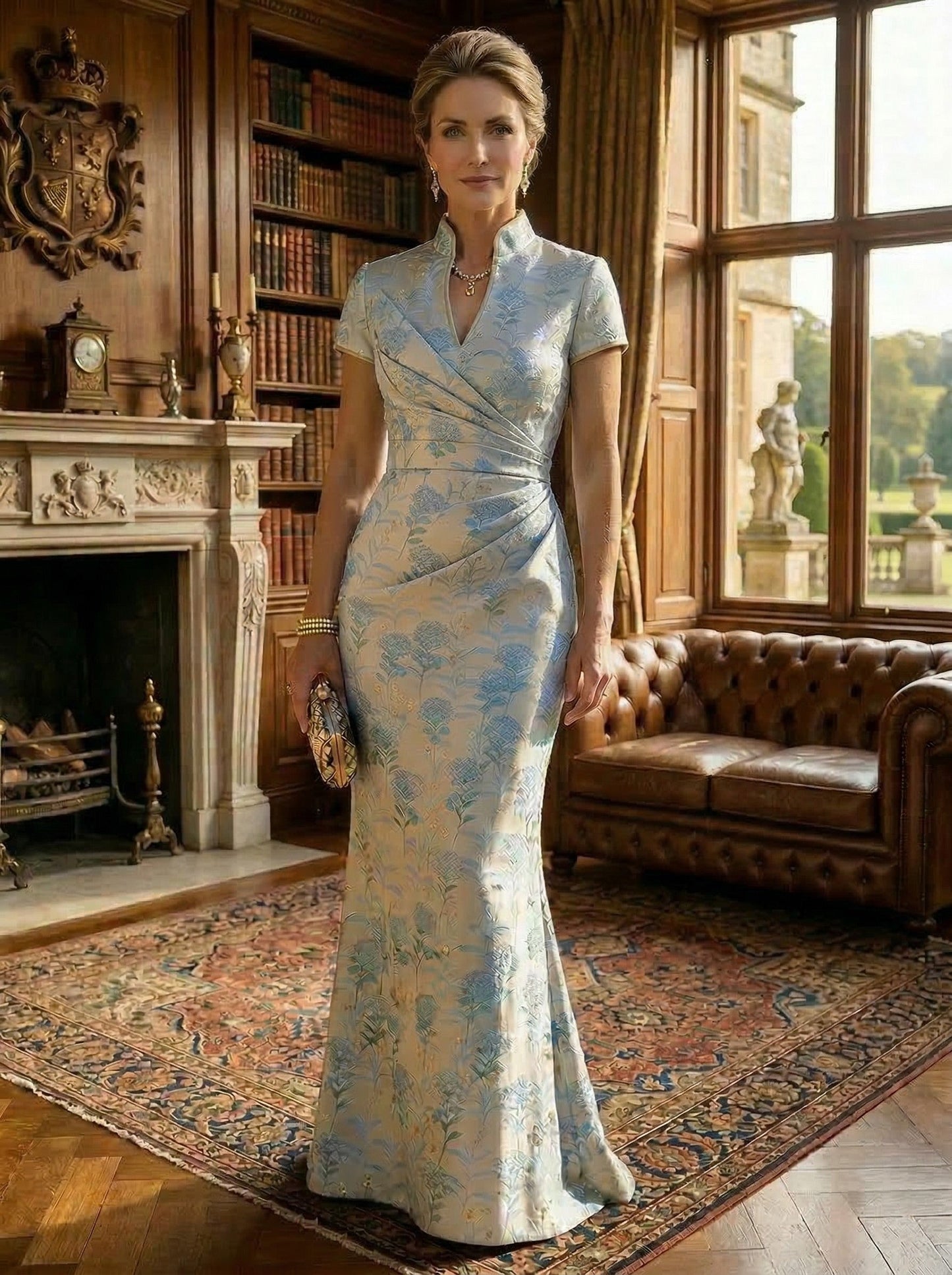 Mermaid Short Sleeve Stand Collar Mother of the Bride Dresses with Jacquard