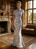Mermaid Short Sleeve Stand Collar Mother of the Bride Dresses with Jacquard