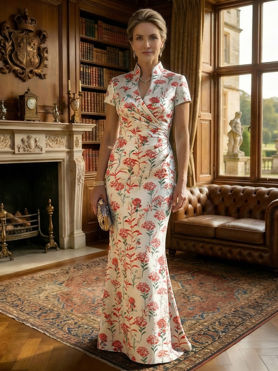 Mermaid Short Sleeve Stand Collar Mother of the Bride Dresses with Jacquard