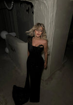 One Shoulder Black Beaded Sequins Mermaid Sleeveless Floor-Length Prom Dress