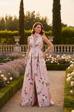Pink V-Neck Flowers Sleeveless A-Line Evening Dress