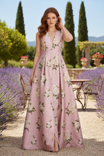 Pink V-Neck Flowers Sleeveless A-Line Evening Dress