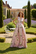 Pink V-Neck Flowers Sleeveless A-Line Evening Dress