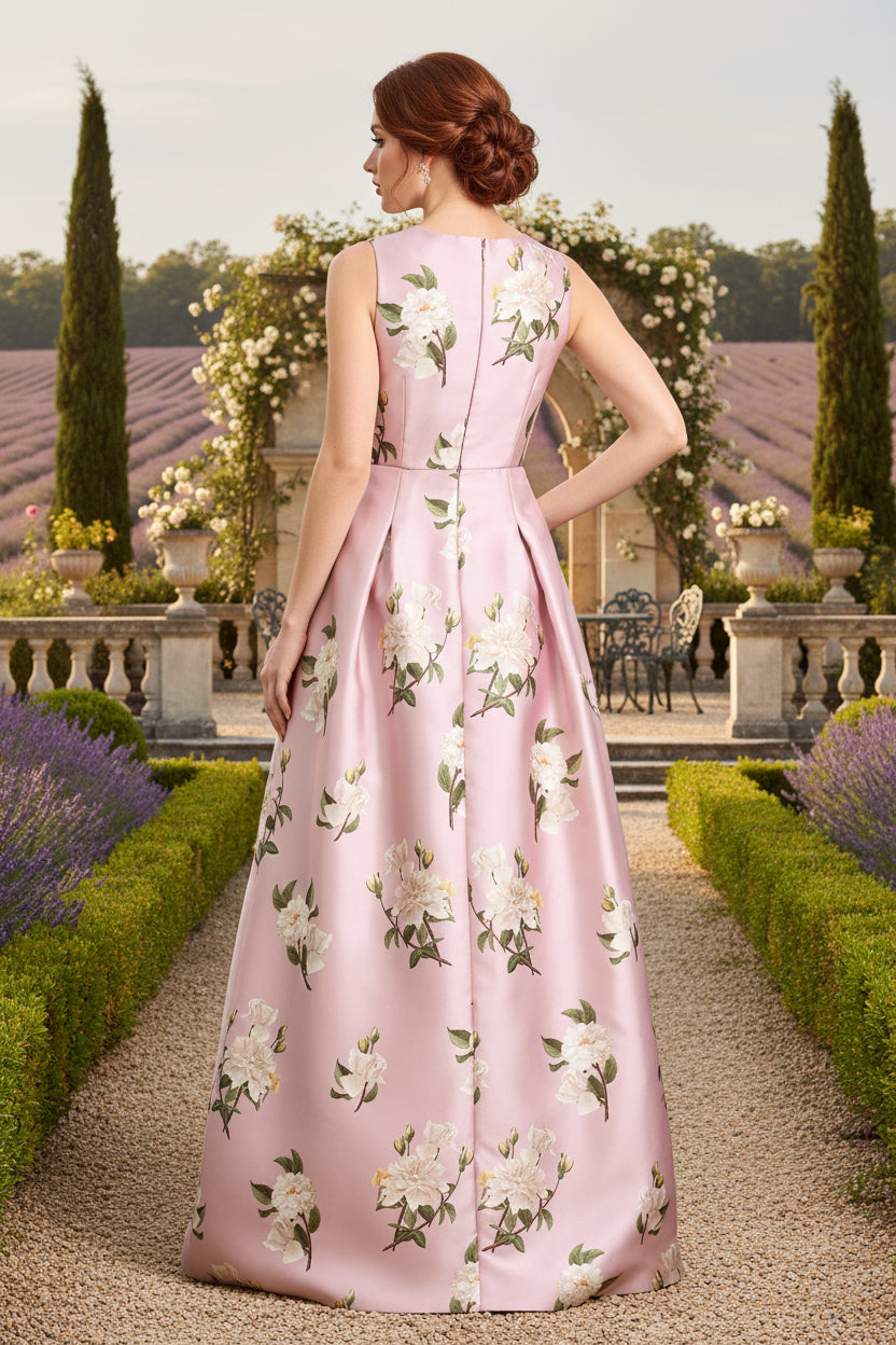 Pink V-Neck Flowers Sleeveless A-Line Evening Dress