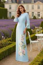 Blue Long Sleeve Flowers Floral Print Evening Dress