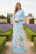 Blue Long Sleeve Flowers Floral Print Evening Dress