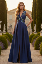 V-Neck Applique Sleeveless A-Line Side Slit Evening Dress