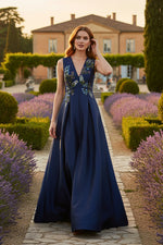 V-Neck Applique Sleeveless A-Line Side Slit Evening Dress