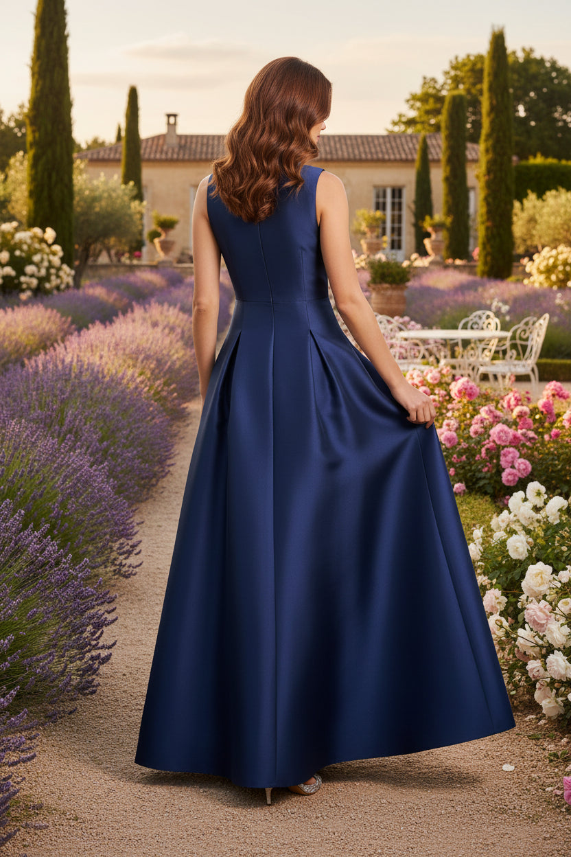 V-Neck Applique Sleeveless A-Line Side Slit Evening Dress