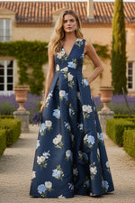 V-Neck Sleeveless Flowers Floral Print A-Line Evening Dress