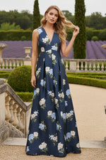 V-Neck Sleeveless Flowers Floral Print A-Line Evening Dress