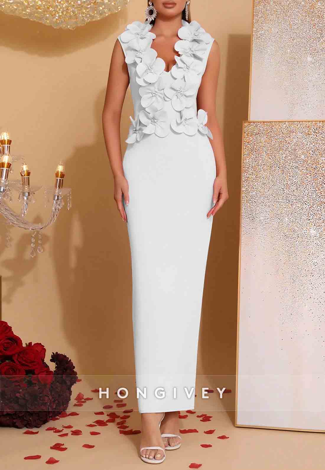 Chic 3D Floral V-Neck Column Sleeveless Ankle-Length Evening Gowns