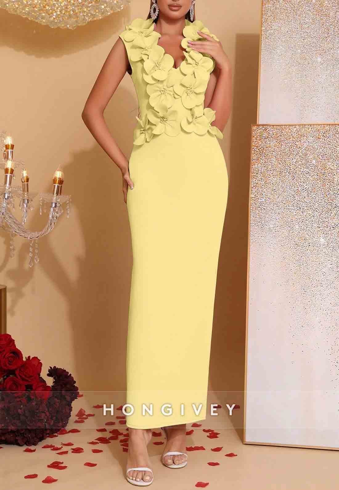 Chic 3D Floral V-Neck Column Sleeveless Ankle-Length Evening Gowns