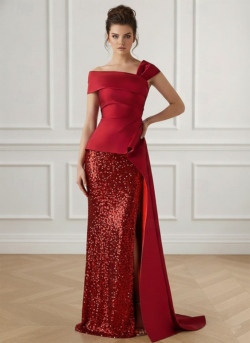 Satin One Shoulder Floor-Length Sequined Trumpet Evening Gown