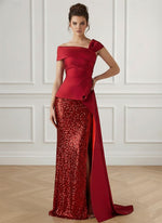 Satin One Shoulder Floor-Length Sequined Trumpet Evening Gown