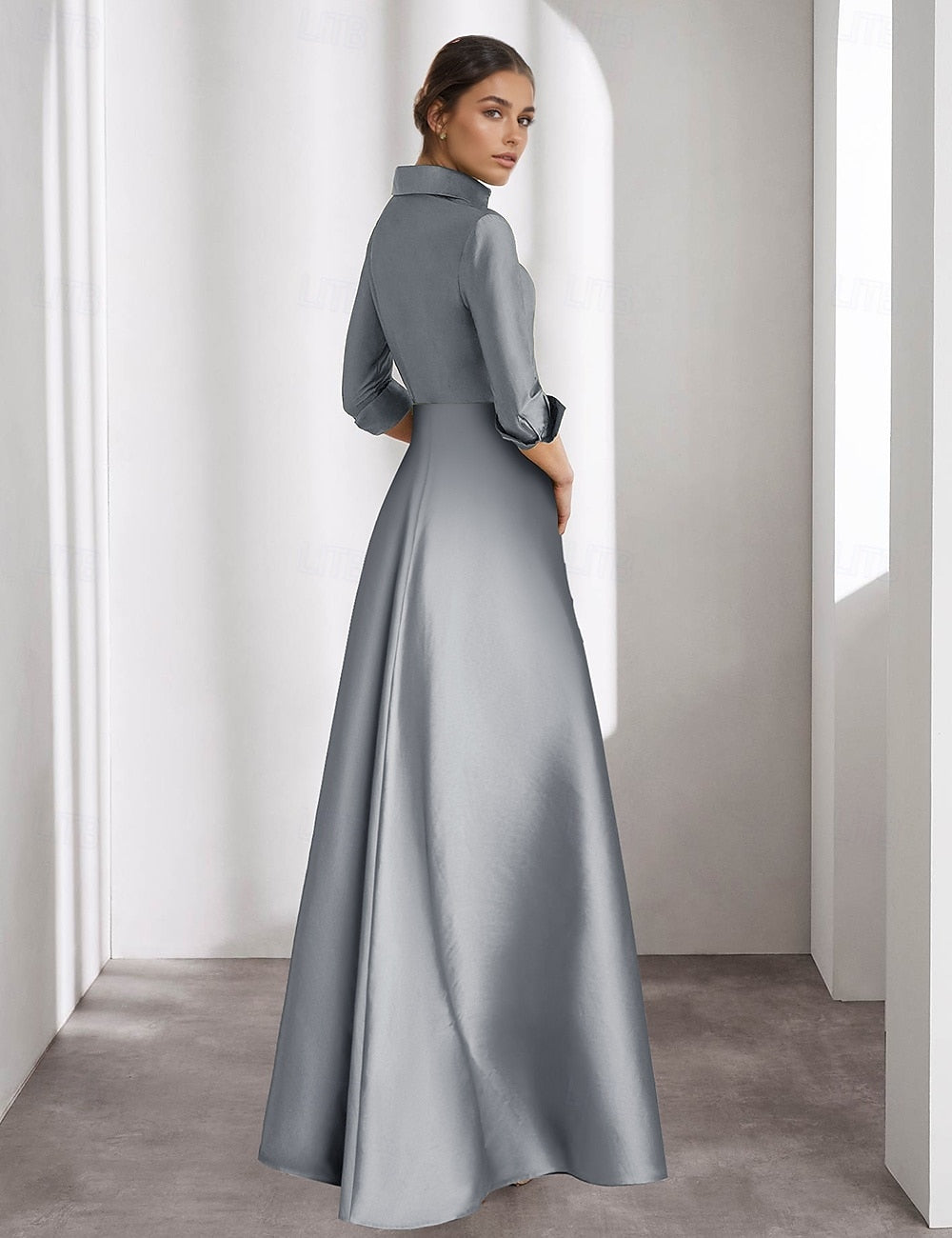 Detachable 3/4 Sleeve Appliqued Flowers Evening Dress