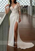 High Slit Long Sleeve Illusion Neck Court Train Column Lace Wedding Dresses