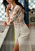 High Slit Long Sleeve Illusion Neck Court Train Column Lace Wedding Dresses