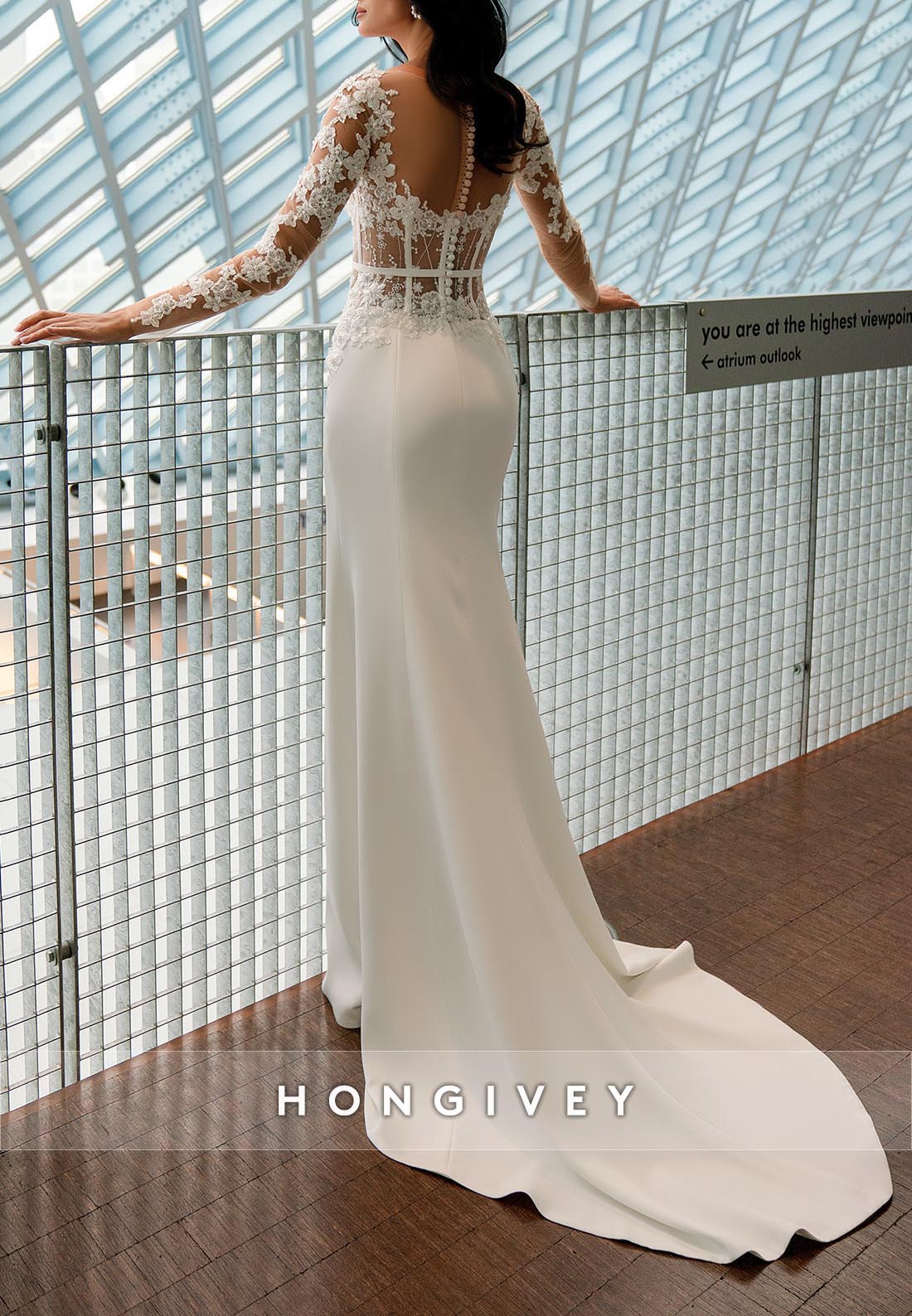 High Slit Long Sleeve Illusion Neck Court Train Column Lace Wedding Dresses