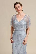 Grey Mermaid Beading V-neck Glitter Mother of Bride Dress