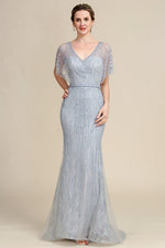 Grey Mermaid Beading V-neck Glitter Mother of Bride Dress