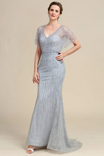 Grey Mermaid Beading V-neck Glitter Mother of Bride Dress