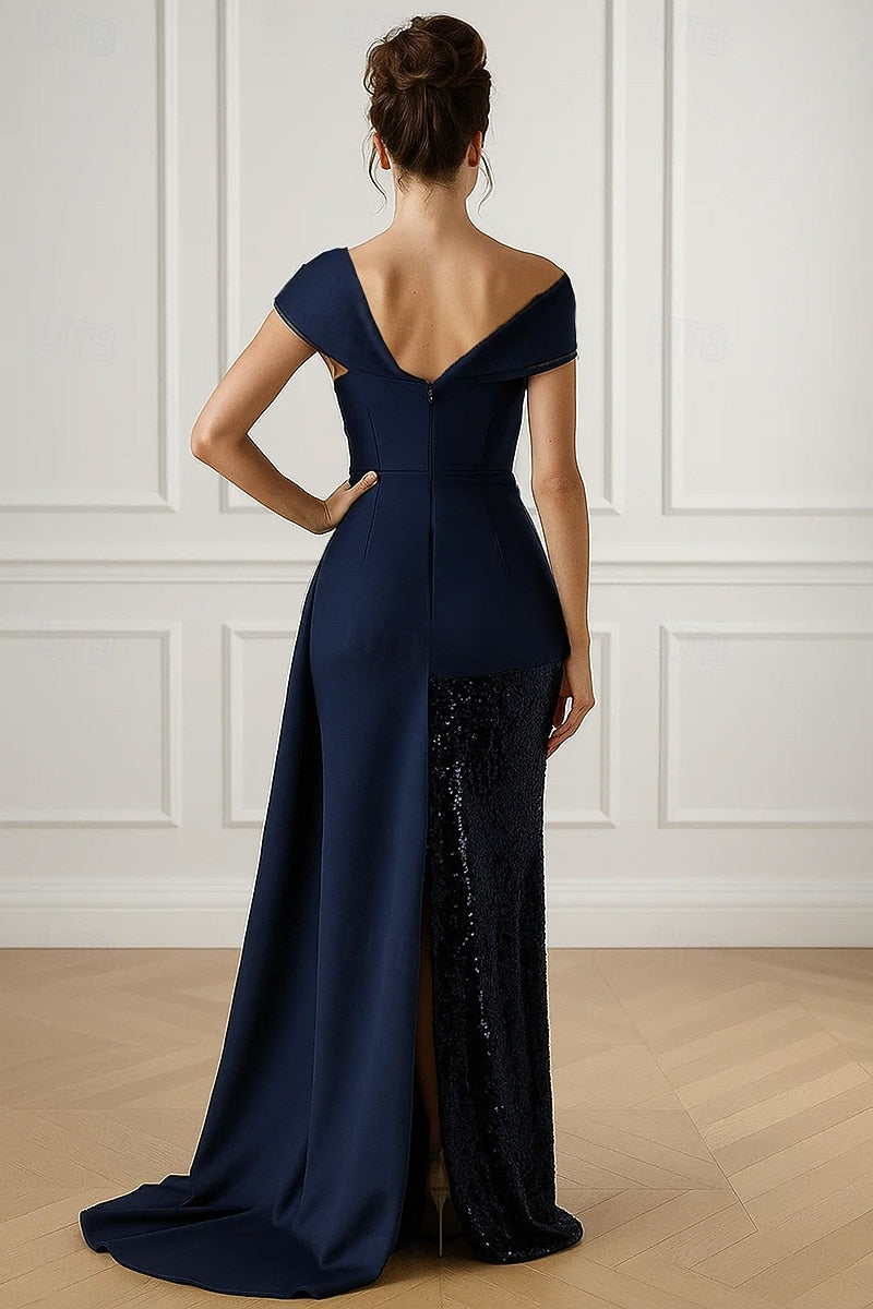 Satin One Shoulder Floor-Length Sequined Trumpet Evening Gown