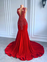 Long Prom Dresses 2026 Luxury Sparkly Beaded Diamond Sexy Mermaid Sheer Top Black Girl Red Velvet Prom Gala Gowns