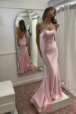 Satin Mermaid Round Neck Spaghetti Strap Pink Prom Dresses